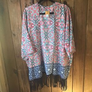 Ruby Rd. Kimono Cover Up Robe Size XL Red Floral Fringe